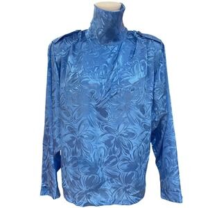 Vintage Satin Jacquard Blouse High Neck Blue 80s Dressy Top L Office